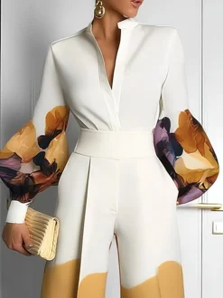 Elegant Random Print Printing Stand Collar Balloon Sleeve Shirt