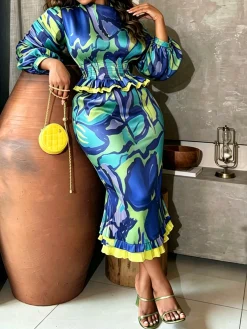 Elegant Random Print Printing Balloon Sleeve Blouse