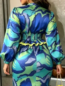 Elegant Random Print Printing Balloon Sleeve Blouse