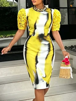 Elegant Random Print Printing Crew Neck Knee Length Dress