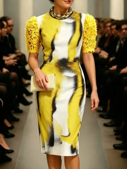 Elegant Random Print Printing Crew Neck Knee Length Dress