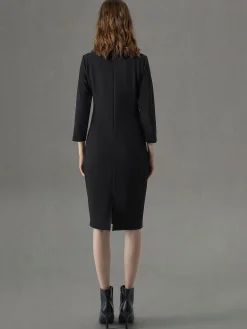 Elegant Regular Fit Stand Collar Plain Dress With Brooch