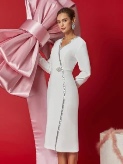 Elegant Rhinestone-Trim Midi Dress