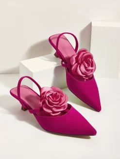 Elegant Rose Satin Kitten Heeled Slingback Pumps