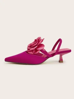 Elegant Rose Satin Kitten Heeled Slingback Pumps