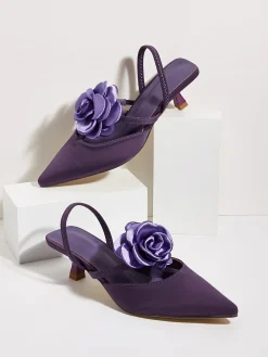 Elegant Rose Satin Kitten Heeled Slingback Pumps