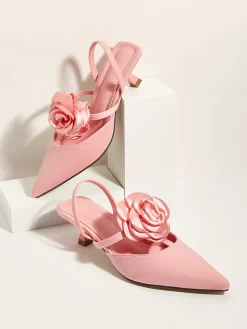 Elegant Rose Satin Kitten Heeled Slingback Pumps