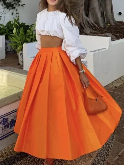 Elegant Ruched Plain Maxi Skirt