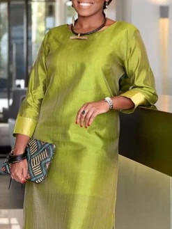 Elegant Satin Crew Neck Maxi Dress