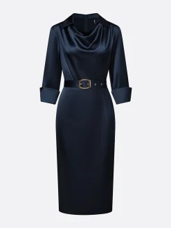 Elegant Satin Knee Length Shirt Dress 3/4 Sleeve Summer Party