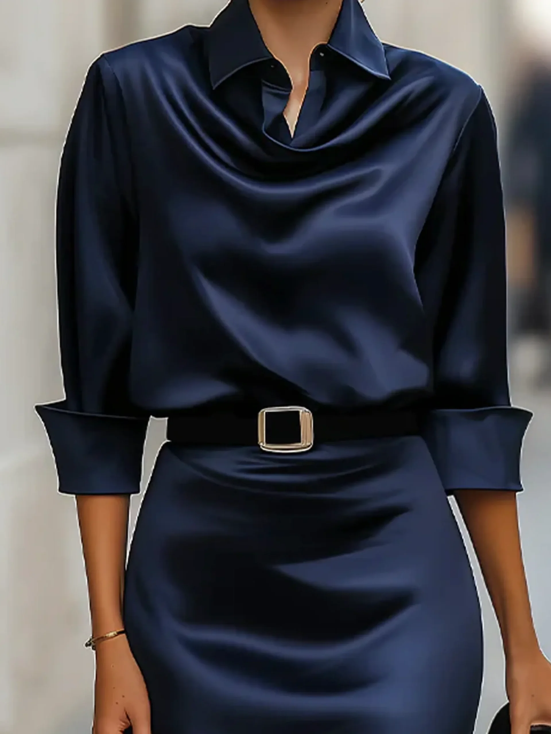 Elegant Satin Knee Length Shirt Dress 3/4 Sleeve Summer Party