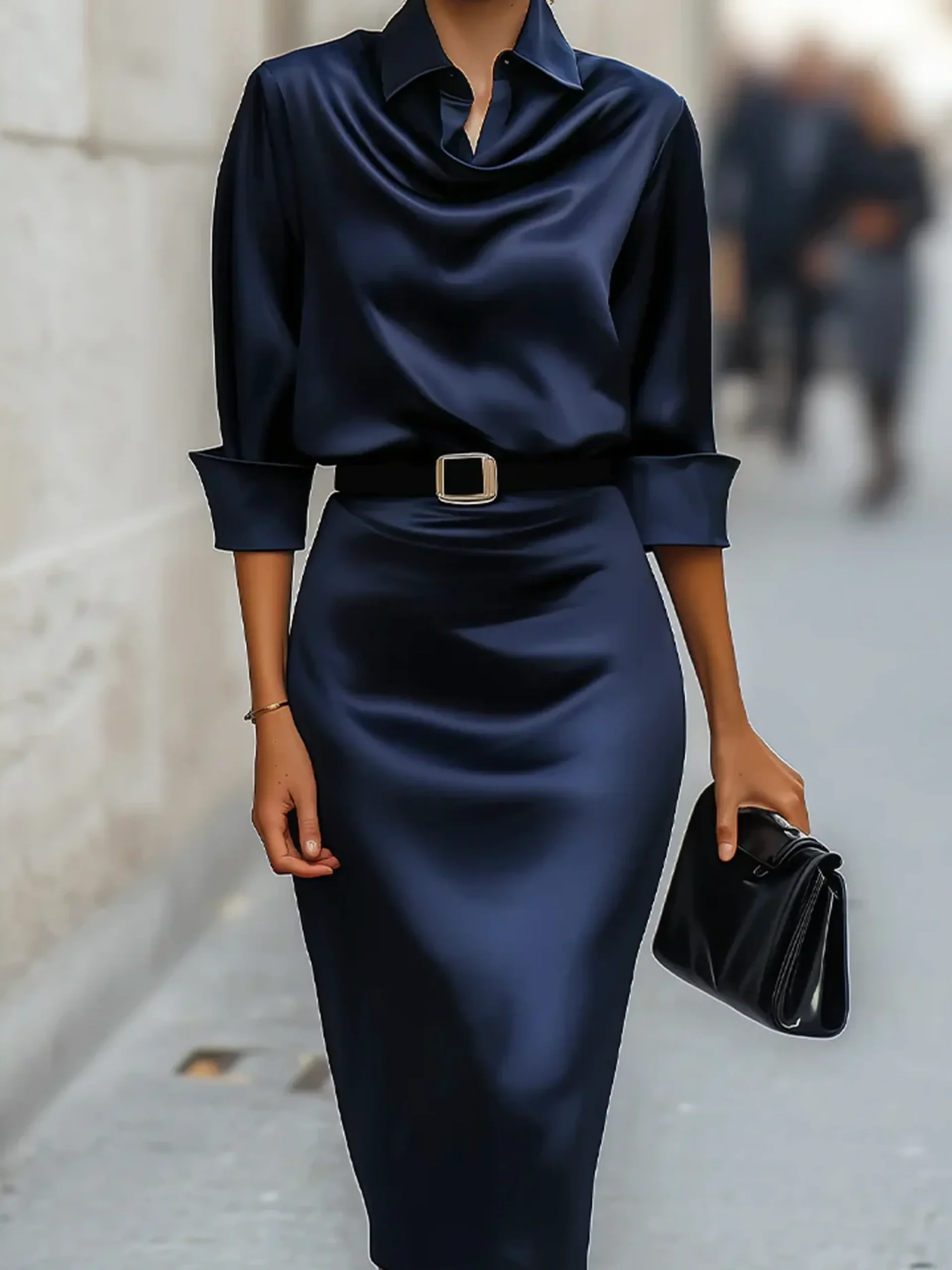 Elegant Satin Knee Length Shirt Dress 3/4 Sleeve Summer Party