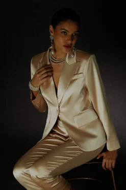 Elegant Satin Plain Lapel Collar Blazer No Scarf