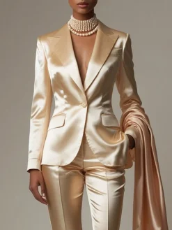 Elegant Satin Plain Lapel Collar Blazer No Scarf