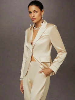 Elegant Satin Plain Lapel Collar Blazer No Scarf