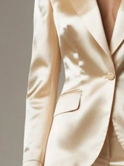 Elegant Satin Plain Lapel Collar Blazer No Scarf