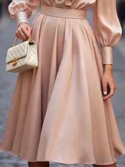 Elegant Satin Plain Midi Skirt