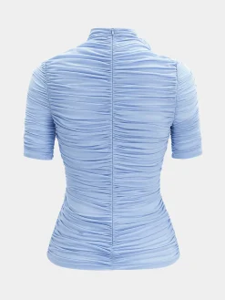 Elegant Solid Mock Neck Ruched Blouse Slim Fit Short Sleeve Casual Top