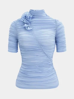 Elegant Solid Mock Neck Ruched Blouse Slim Fit Short Sleeve Casual Top