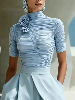 Elegant Solid Mock Neck Ruched Blouse Slim Fit Short Sleeve Casual Top