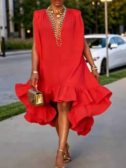 Elegant Solid Relaxed V Neck Midi Dress