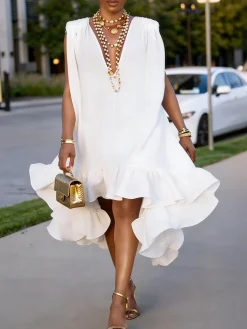 Elegant Solid Relaxed V Neck Midi Dress