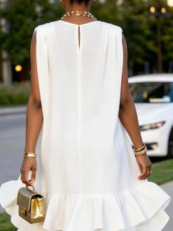 Elegant Solid Relaxed V Neck Midi Dress
