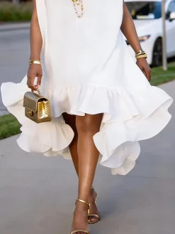 Elegant Solid Relaxed V Neck Midi Dress
