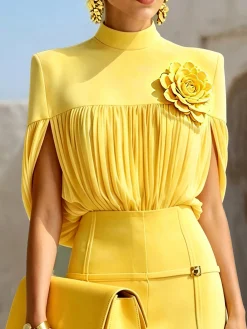 Elegant Solid Ruched Stand Collar Blouse for Party