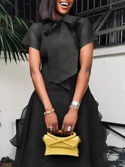 Elegant Solid Tailored Tiered Maxi Dress