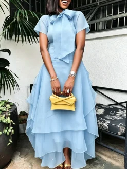 Elegant Solid Tailored Tiered Maxi Dress