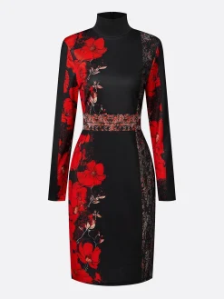 Elegant Stand Collar Jersey Midi Dress Long Sleeve