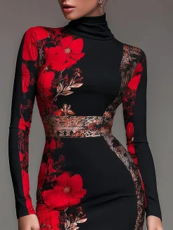 Elegant Stand Collar Jersey Midi Dress Long Sleeve