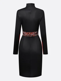 Elegant Stand Collar Jersey Midi Dress Long Sleeve