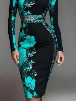 Elegant Stand Collar Jersey Midi Dress Long Sleeve
