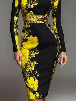 Elegant Stand Collar Jersey Midi Dress Long Sleeve