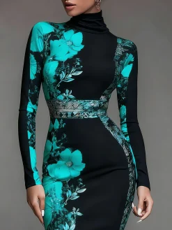 Elegant Stand Collar Jersey Midi Dress Long Sleeve
