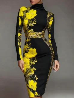Elegant Stand Collar Jersey Midi Dress Long Sleeve