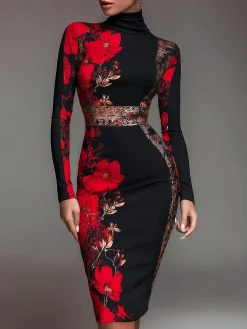Elegant Stand Collar Jersey Midi Dress Long Sleeve