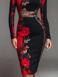Elegant Stand Collar Jersey Midi Dress Long Sleeve