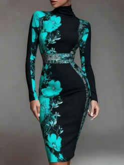 Elegant Stand Collar Jersey Midi Dress Long Sleeve