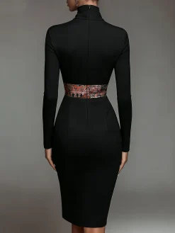 Elegant Stand Collar Jersey Midi Dress Long Sleeve
