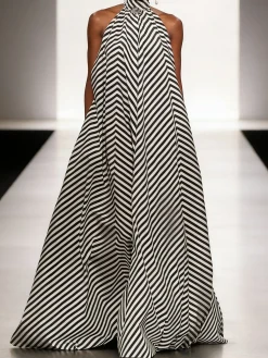 Elegant Striped Halter Maxi Dress