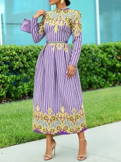 Elegant Striped Puff Sleeve Printing V Neck Midi Dress