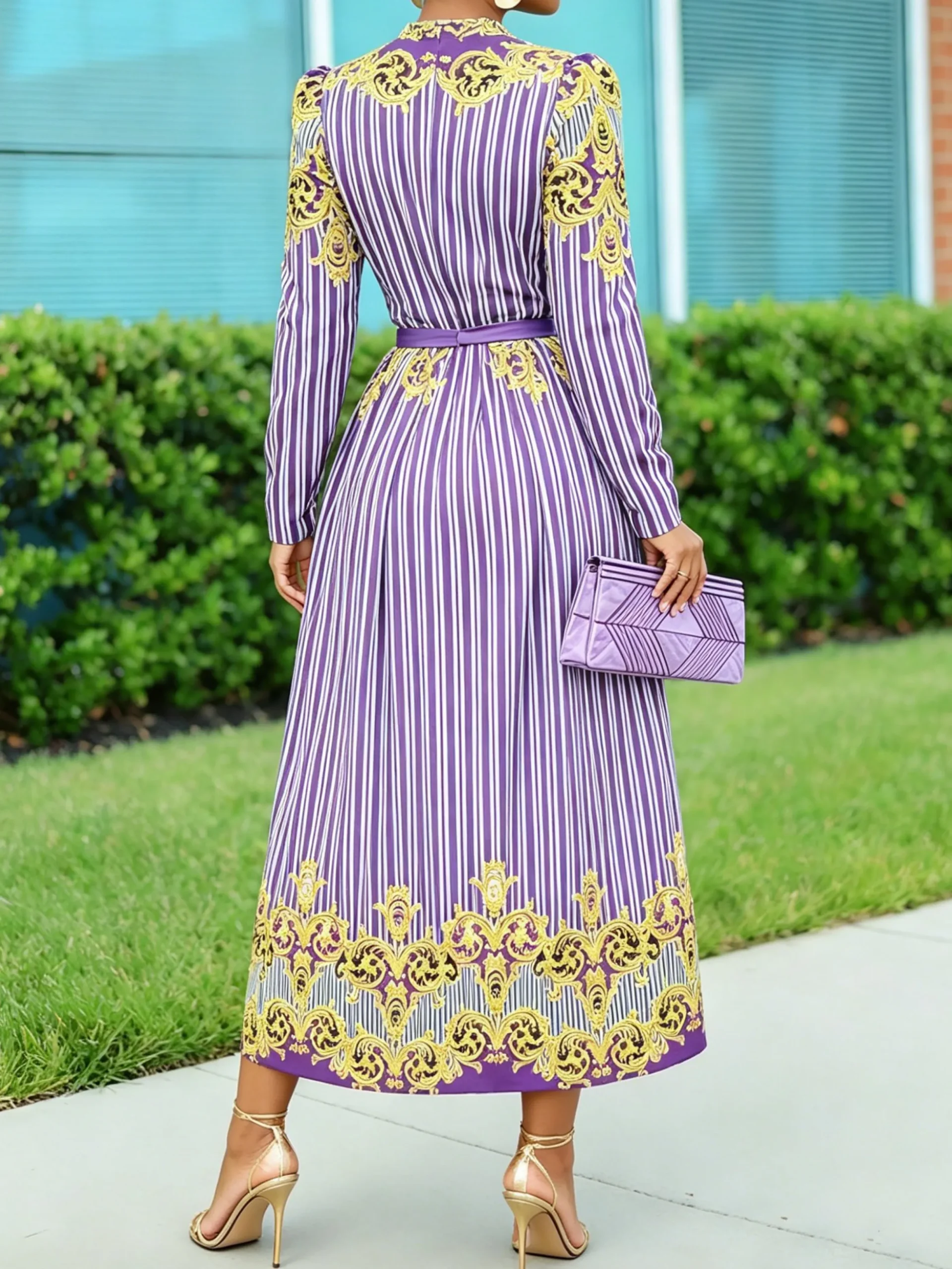 Elegant Striped Puff Sleeve Printing V Neck Midi Dress