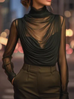 Elegant Turtleneck Long Sleeve Blouse Plain Regular Fit Party Top