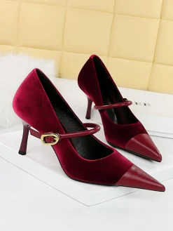 Elegant Velvet Paneled Adjustable Buckle Mary Jane Pumps