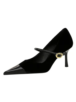 Elegant Velvet Paneled Adjustable Buckle Mary Jane Pumps