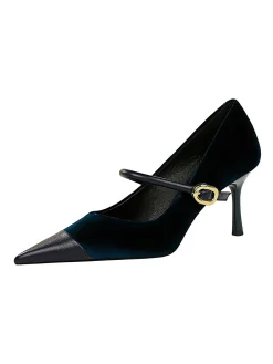 Elegant Velvet Paneled Adjustable Buckle Mary Jane Pumps