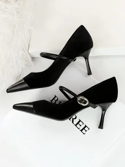 Elegant Velvet Paneled Adjustable Buckle Mary Jane Pumps